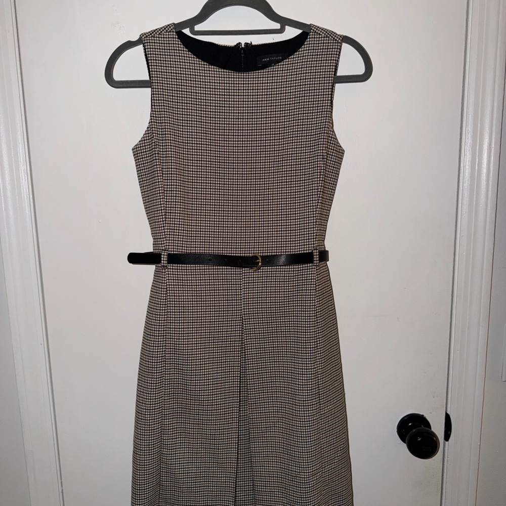 Ann Taylor Black and Beige Houndstooth Midi Dress with Belt